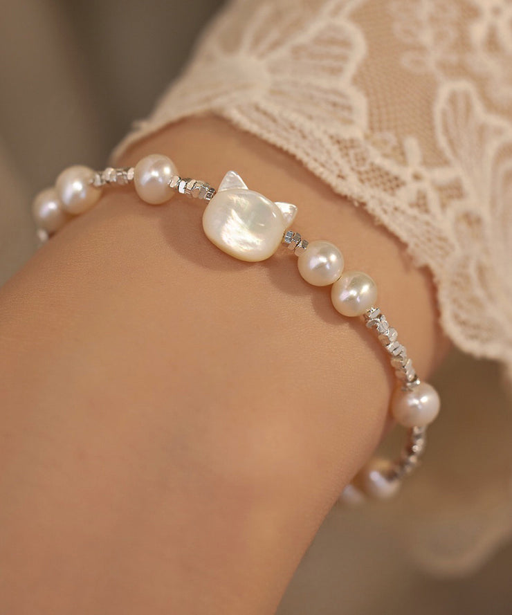DIY White Sterling Silver Pearl Little Cats Crushed Silver Bracelet