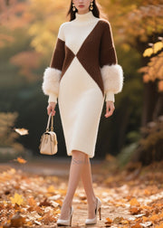 DIY White Turtle Neck Patchwork Faux Fur Knitwear Dress Winter