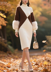 DIY White Turtle Neck Patchwork Faux Fur Knitwear Dress Winter