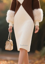 DIY White Turtle Neck Patchwork Faux Fur Knitwear Dress Winter