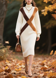 DIY White Turtle Neck Patchwork Knitted Dress Winter