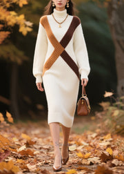 DIY White Turtle Neck Patchwork Knitted Dress Winter