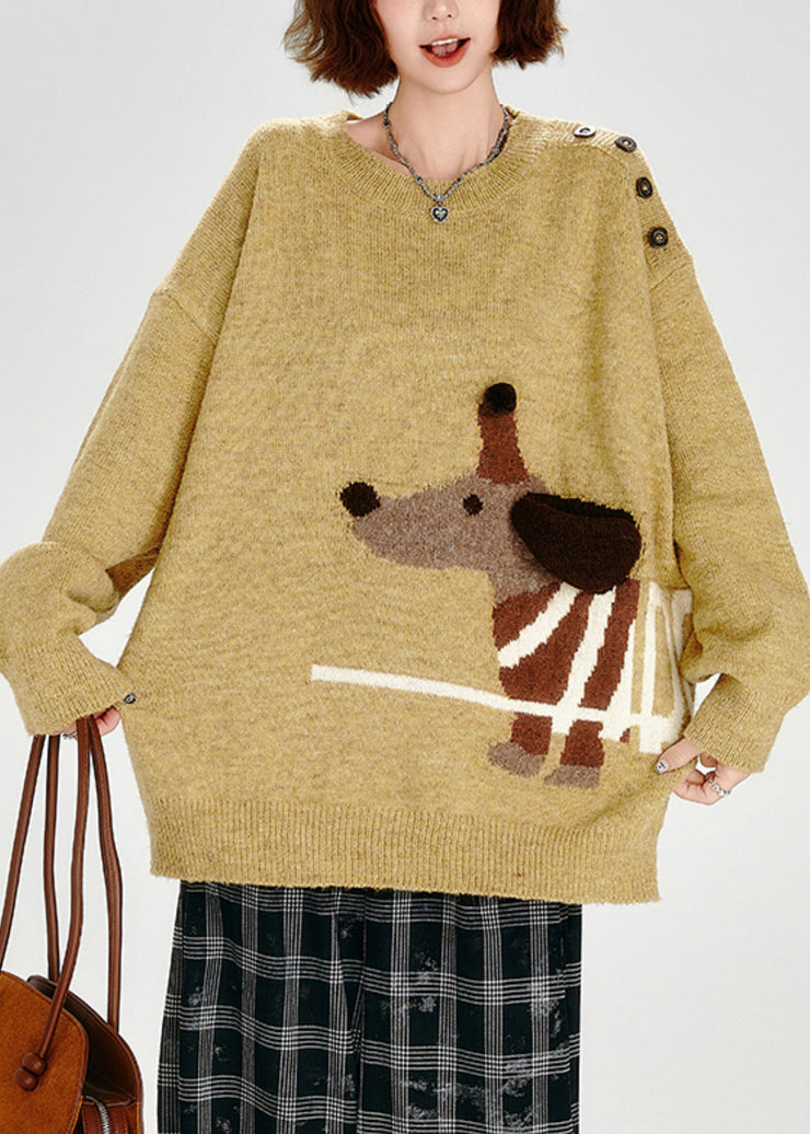 DIY Yellow Asymmetrical Dog Jacquard Knit Sweater Tops Winter