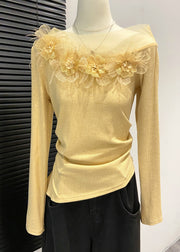 DIY Yellow Cold Shoulder Floral Decorated Cotton Shirts Fall