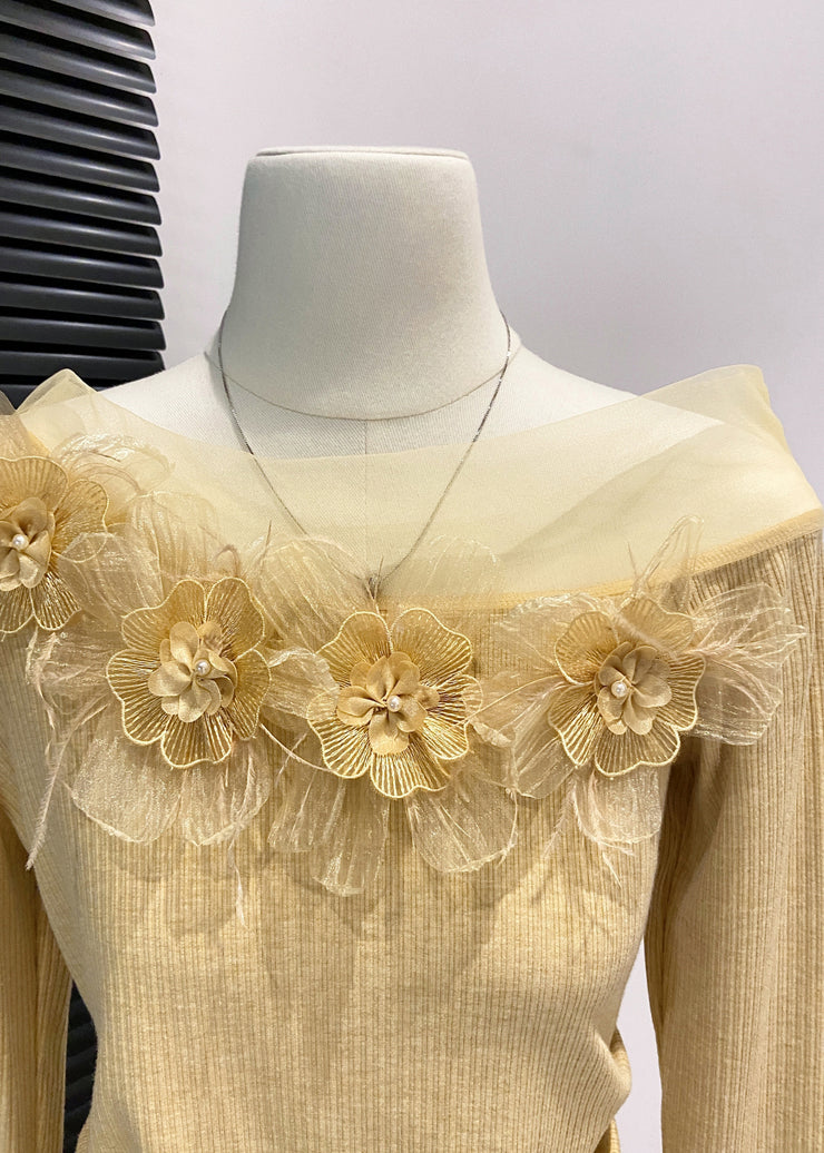 DIY Yellow Cold Shoulder Floral Decorated Cotton Shirts Fall