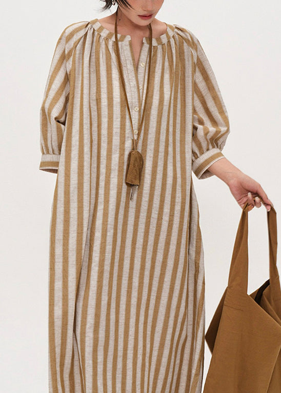 DIY Yellow Oversized Striped Linen Maxi Dress Bracelet Sleeve