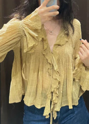 DIY Yellow V Neck Tie Lace Solid Shirt Fall