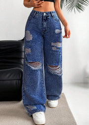 Dark Blue High Waist Ripped Wide Leg Denim Pants Fall