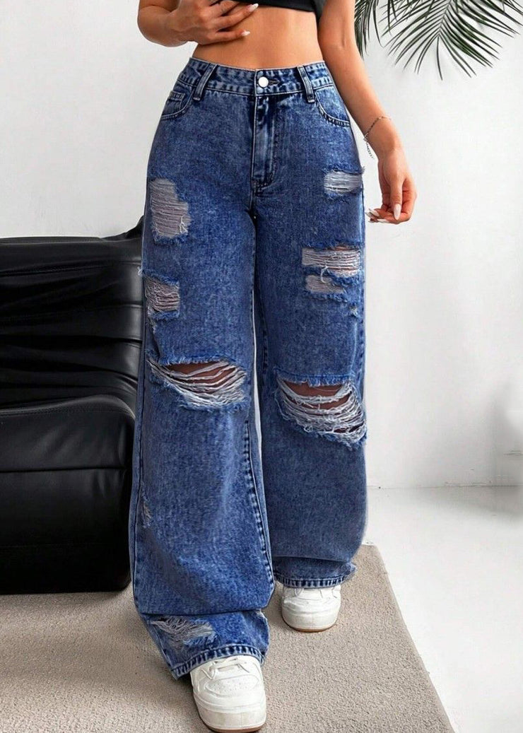 Dark Blue High Waist Ripped Wide Leg Denim Pants Fall