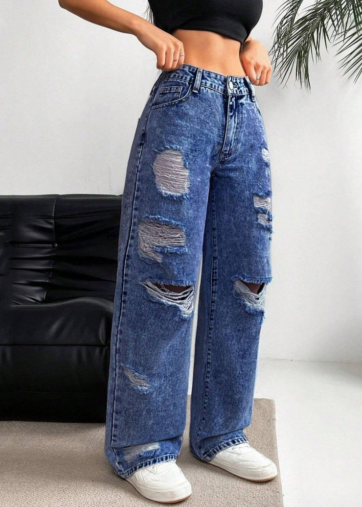 Dark Blue High Waist Ripped Wide Leg Denim Pants Fall