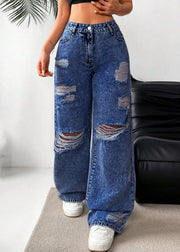 Dark Blue High Waist Ripped Wide Leg Denim Pants Fall