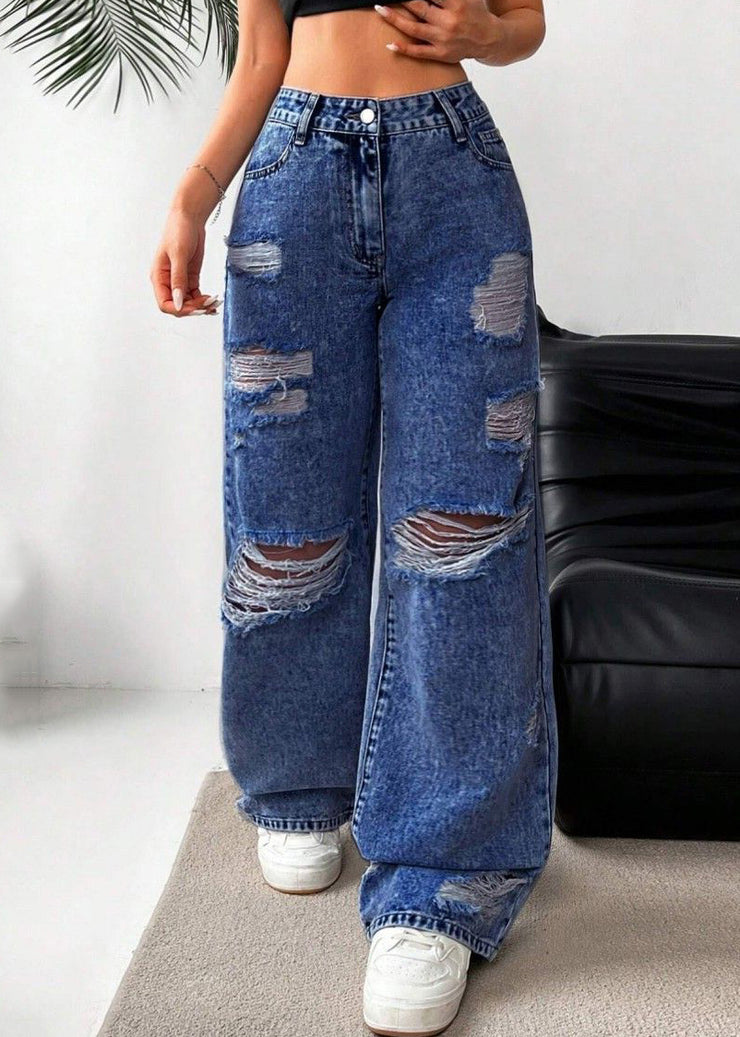 Dark Blue High Waist Ripped Wide Leg Denim Pants Fall