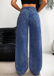 Dark Blue High Waist Ripped Wide Leg Denim Pants Fall