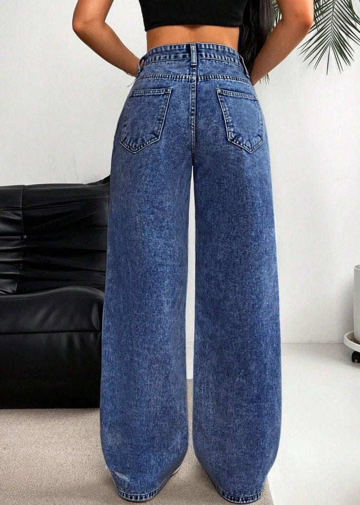 Dark Blue High Waist Ripped Wide Leg Denim Pants Fall