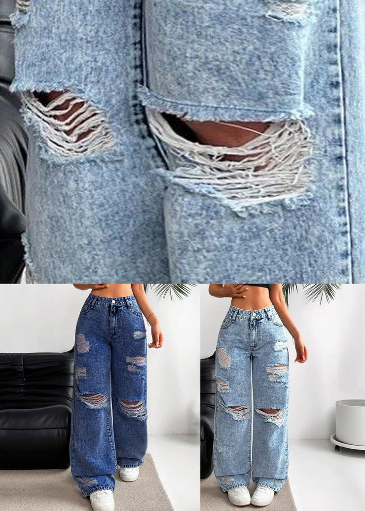 Dark Blue High Waist Ripped Wide Leg Denim Pants Fall