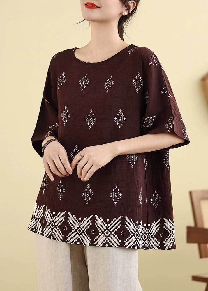Dark Brown Print Casual T Shirt Short Sleeve