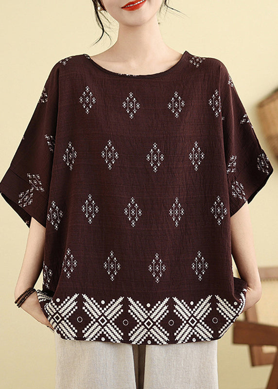 Dark Brown Print Casual T Shirt Short Sleeve