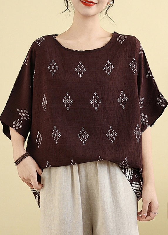 Dark Brown Print Casual T Shirt Short Sleeve