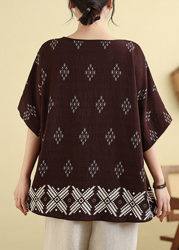 Dark Brown Print Casual T Shirt Short Sleeve