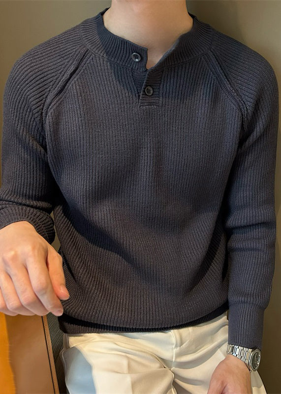 Dark Gray Button Cozy Knit Fall Mens Pullover Tops O Neck