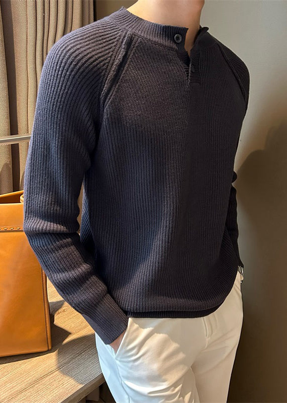 Dark Gray Button Cozy Knit Fall Mens Pullover Tops O Neck