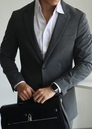 Dark Gray Button Pockets Spandex Men Coat Notched