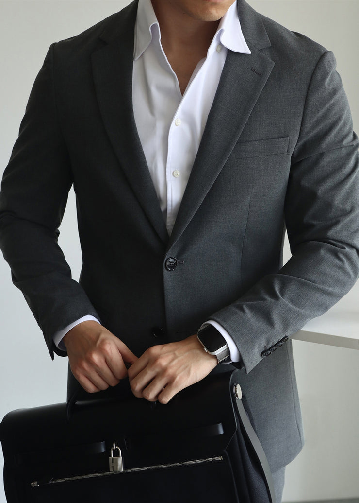 Dark Gray Button Pockets Spandex Men Coat Notched