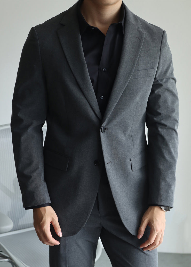 Dark Gray Button Pockets Spandex Men Coat Notched