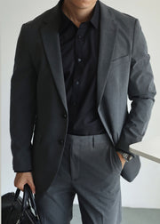 Dark Gray Button Pockets Spandex Men Coat Notched