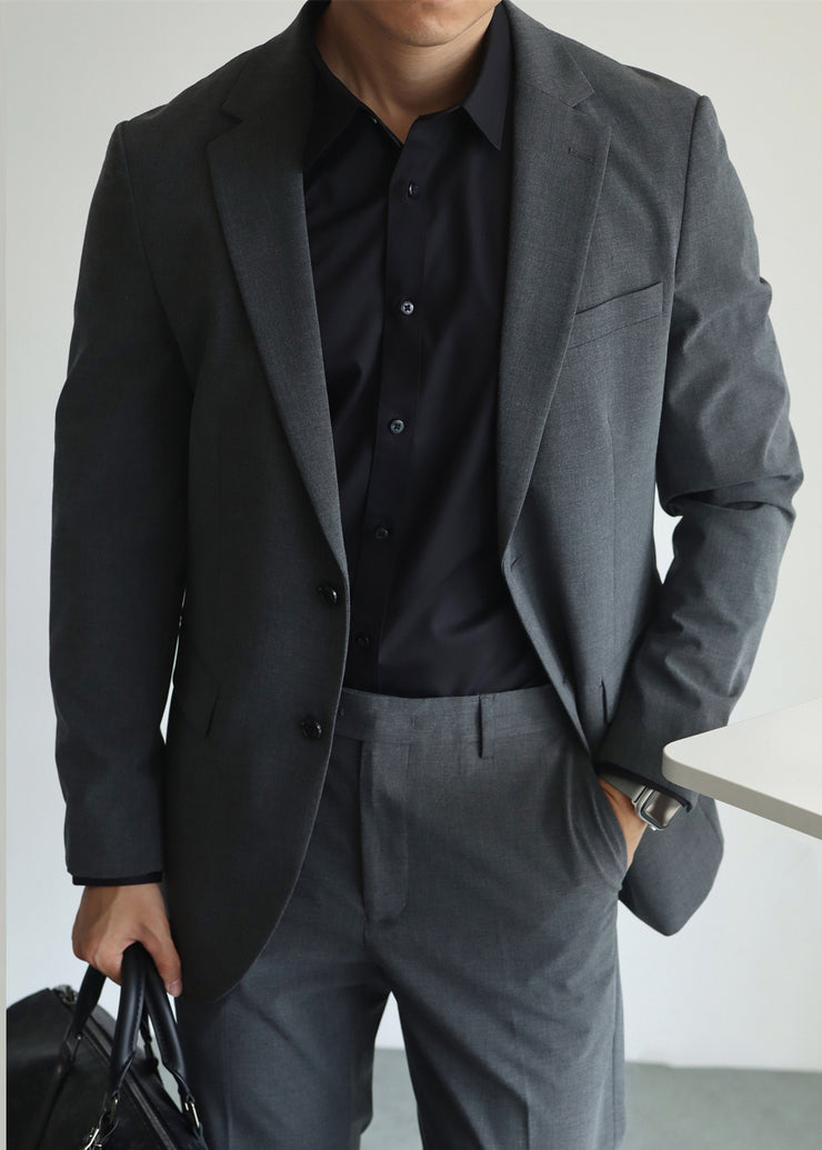 Dark Gray Button Pockets Spandex Men Coat Notched