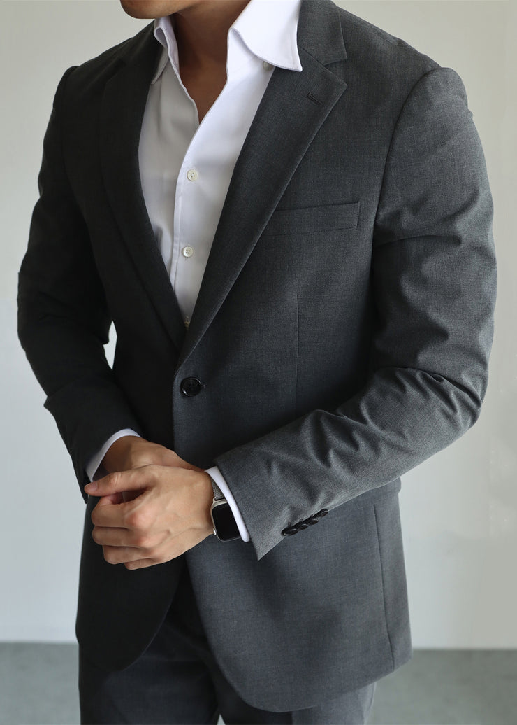 Dark Gray Button Pockets Spandex Men Coat Notched