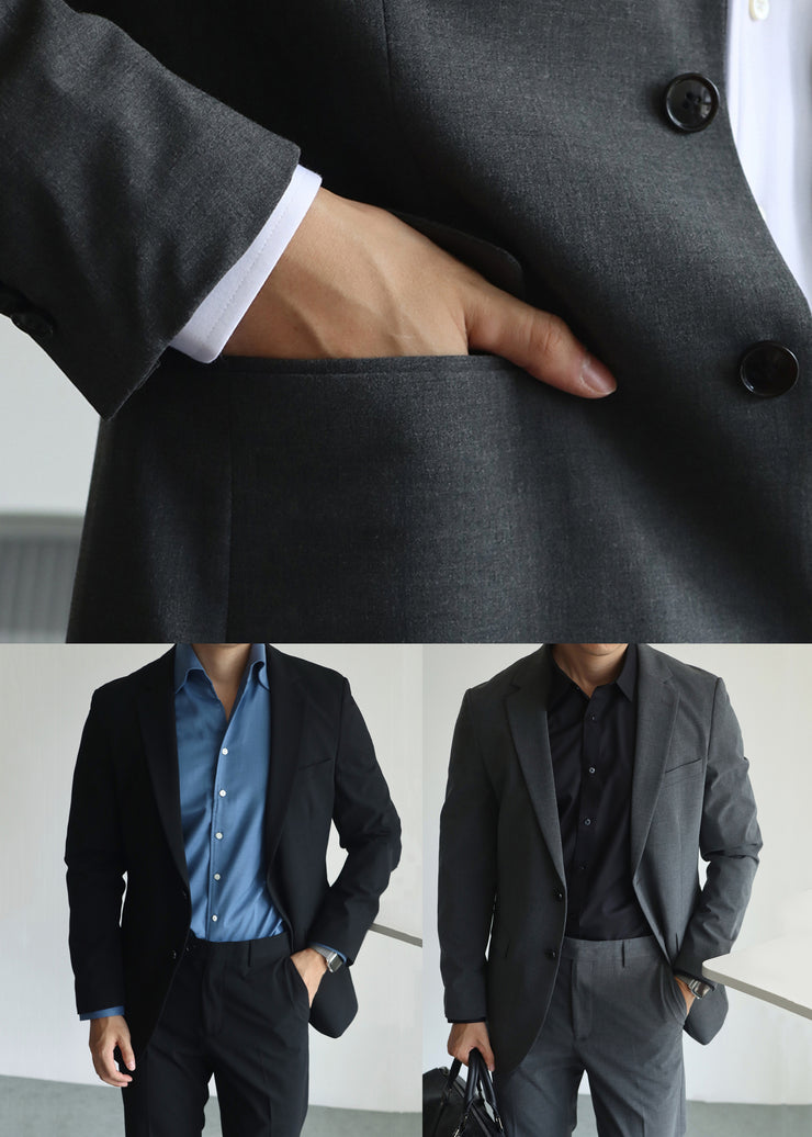 Dark Gray Button Pockets Spandex Men Coat Notched