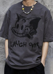 Dark Gray Cartoon Print Cotton T Shirts Men O-Neck Summer