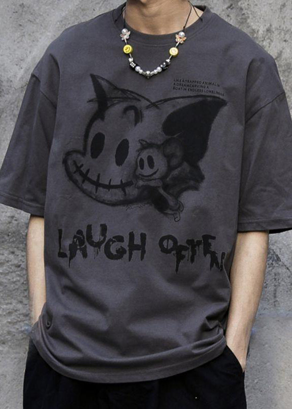 Dark Gray Cartoon Print Cotton T Shirts Men O-Neck Summer