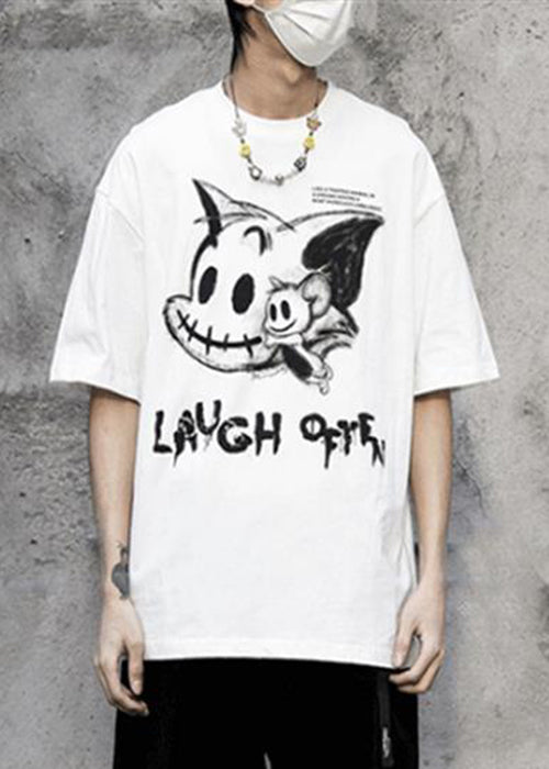 Dark Gray Cartoon Print Cotton T Shirts Men O-Neck Summer