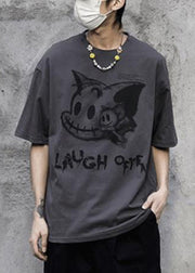 Dark Gray Cartoon Print Cotton T Shirts Men O-Neck Summer