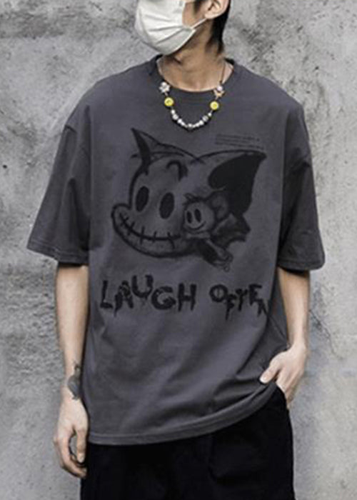 Dark Gray Cartoon Print Cotton T Shirts Men O-Neck Summer