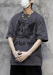 Dark Gray Cartoon Print Cotton T Shirts Men O-Neck Summer