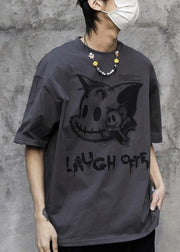 Dark Gray Cartoon Print Cotton T Shirts Men O-Neck Summer