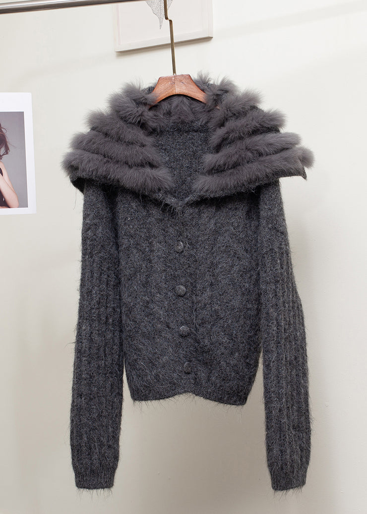 Dark Gray Fox Collar Button Patchwork Cozy Fall Knit Sailor Collar