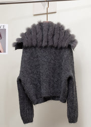 Dark Gray Fox Collar Button Patchwork Cozy Fall Knit Sailor Collar