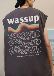Dark Gray Letter Loose Cotton Mens Tanks O Neck Summer