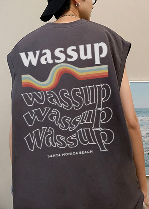 Dark Gray Letter Loose Cotton Mens Tanks O Neck Summer