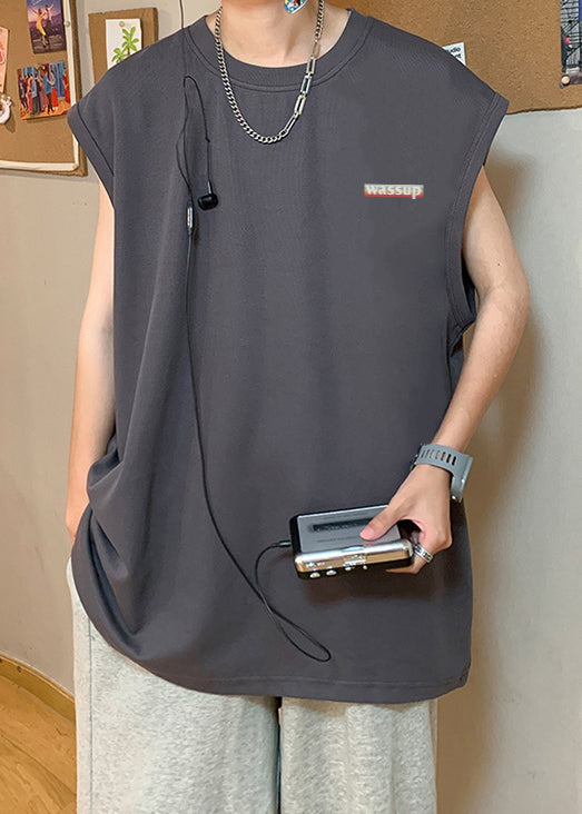 Dark Gray Letter Loose Cotton Mens Tanks O Neck Summer