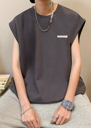 Dark Gray Letter Loose Cotton Mens Tanks O Neck Summer