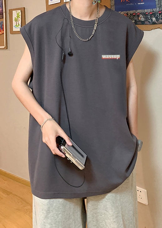 Dark Gray Letter Loose Cotton Mens Tanks O Neck Summer