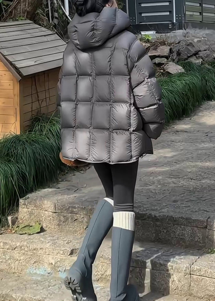 Dark Gray Plaid Drawstring Solid Duck Down Winter Puffer Coat Hooded