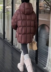 Dark Gray Plaid Drawstring Solid Duck Down Winter Puffer Coat Hooded