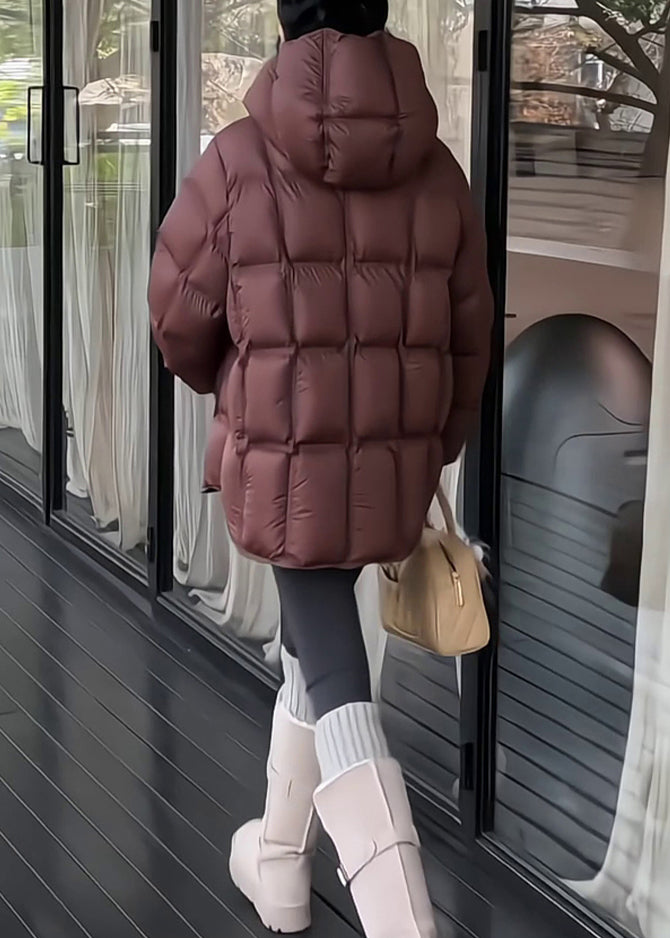 Dark Gray Plaid Drawstring Solid Duck Down Winter Puffer Coat Hooded