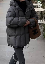 Dark Gray Plaid Drawstring Solid Duck Down Winter Puffer Coat Hooded